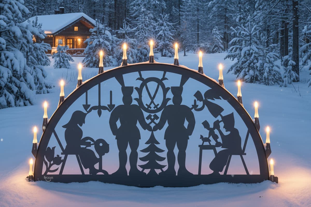Beleuchteter Metall-Schwibbogen mit Bergmann-Motiv im Schnee vor einem Haus bei Nacht