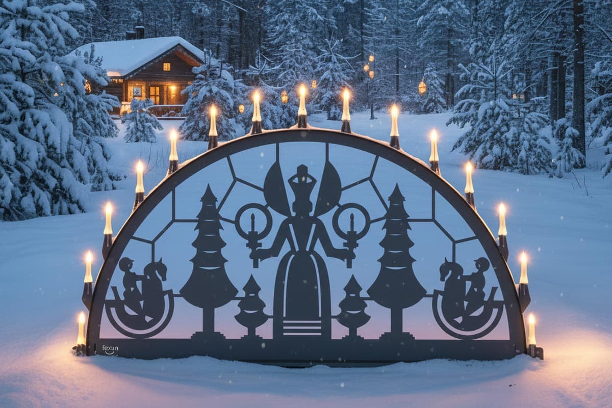 Beleuchteter Schwibbogen mit Lichterengel-Motiv bei Nacht im Schnee