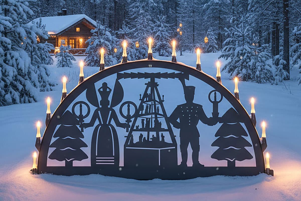 Beleuchteter Schwibbogen mit Weihnachtspyramide im verschneiten Außenbereich