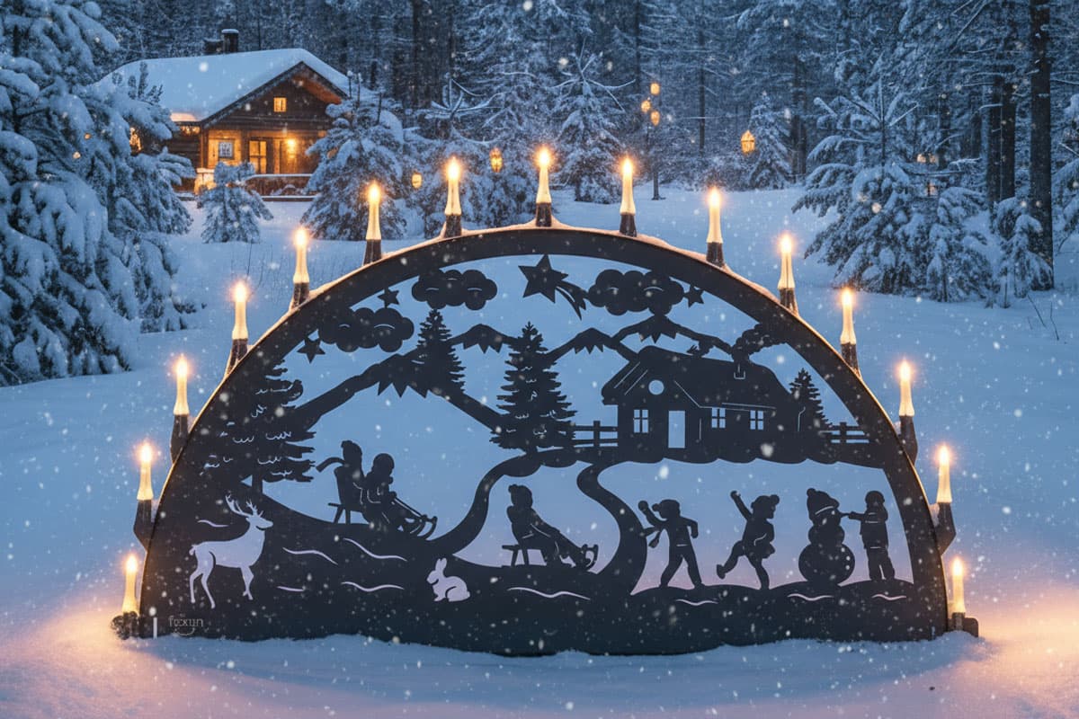 Beleuchteter Schwibbogen mit spielenden Kindern bei einer Schneeballschlacht