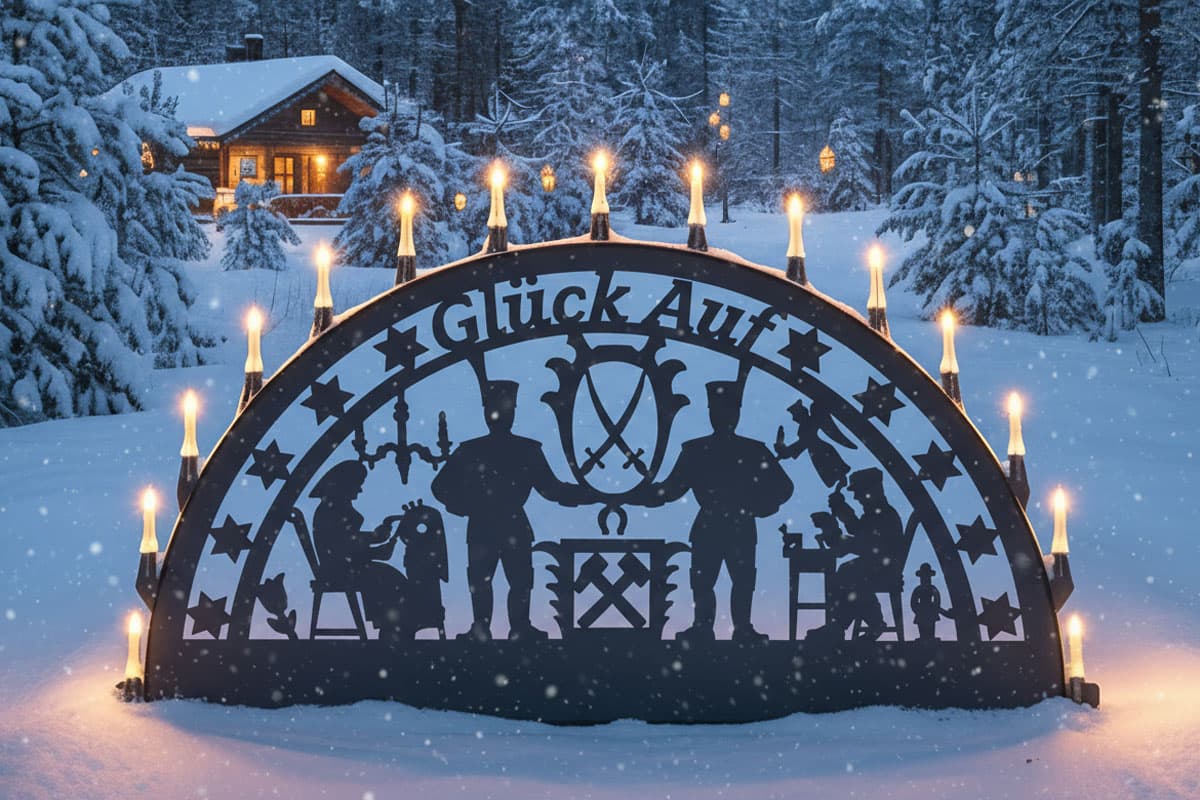 Beleuchteter Schwibbogen im Schwarzenberger Stil mit Bergmannsmotiv und Schriftzug Glück Auf