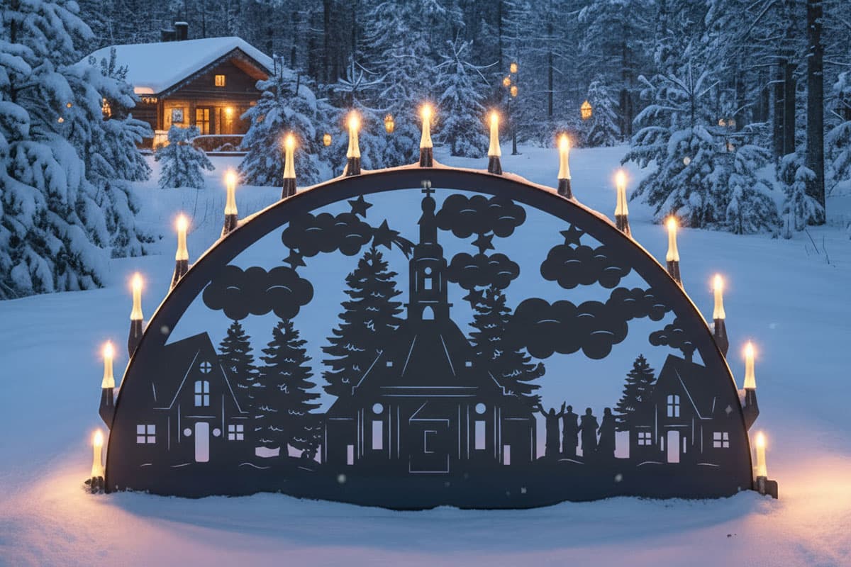 Beleuchteter Schwibbogen mit der Seiffener Kirche im Schnee bei Nacht