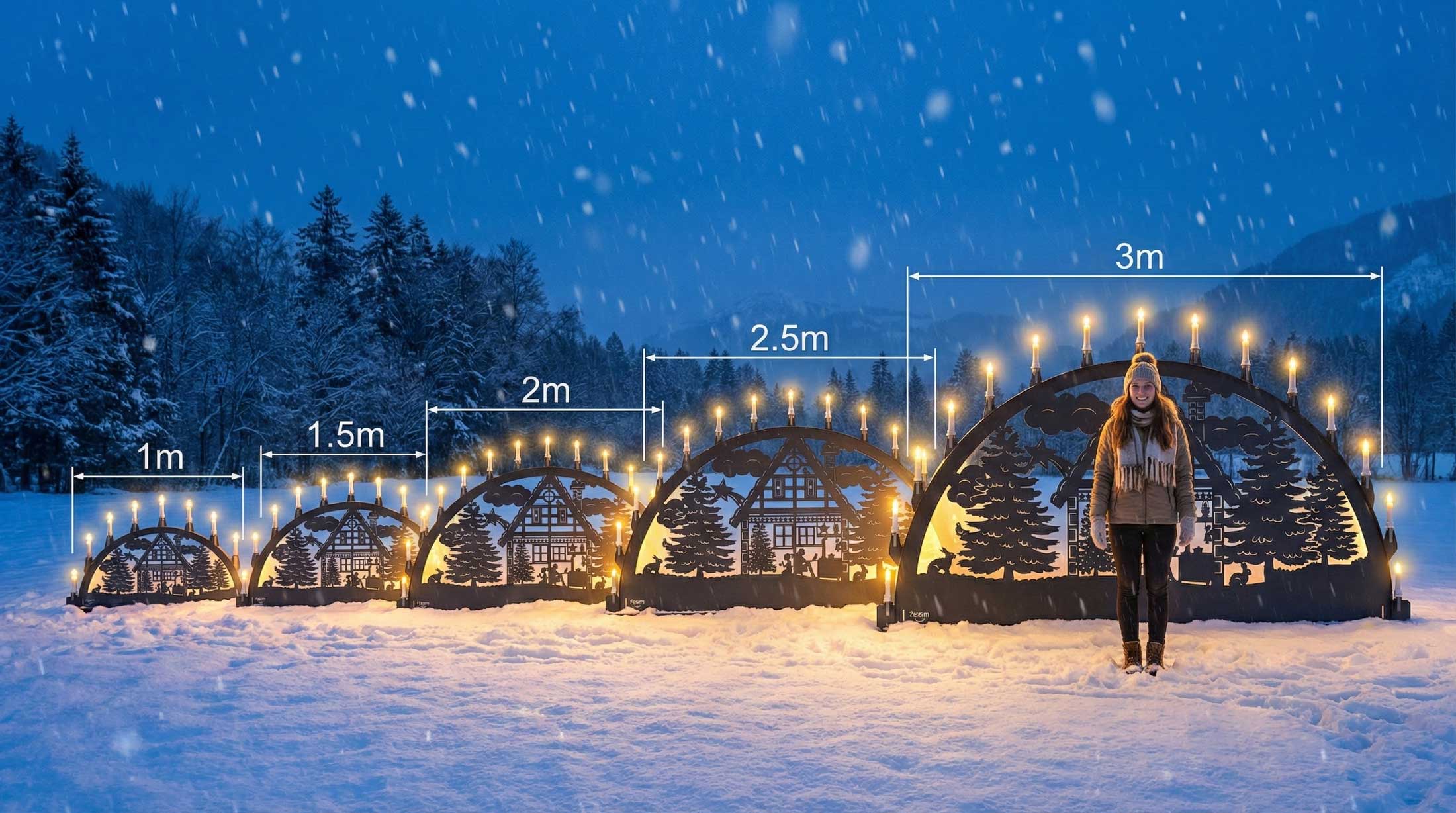 Größenvergleich der Schwibbögen von 100 bis 300 cm Breite nebeneinander dargestellt