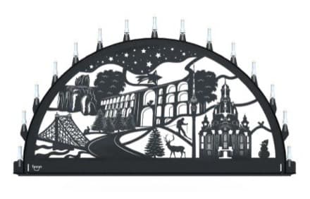 Beleuchteter Schwibbogen mit dem Sondermotiv Göltzschtalbrücke und Frauenkirche