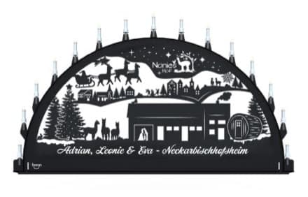 Beleuchteter Schwibbogen mit dem Sondermotiv Alpakahof