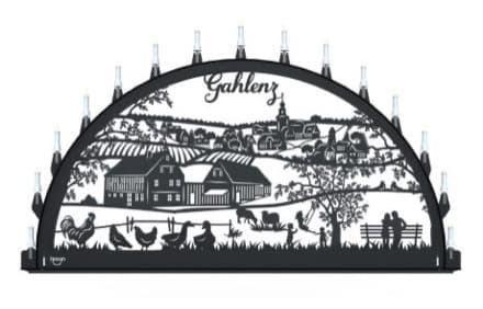 Beleuchteter Schwibbogen mit dem Sondermotiv Dorf Gahlenz