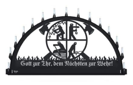 Beleuchteter Schwibbogen mit dem Sondermotiv Gott zur Ehr, dem Nächsten zur Wehr