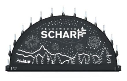 Beleuchteter Schwibbogen mit dem Sondermotiv Feuerwerk Scharff