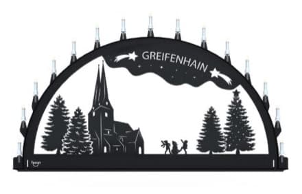 Beleuchteter Schwibbogen mit dem Sondermotiv Greifenhain