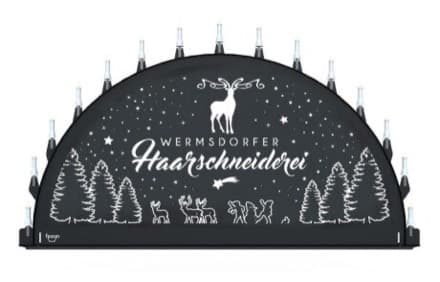 Beleuchteter Schwibbogen mit dem Sondermotiv Haarschneiderei
