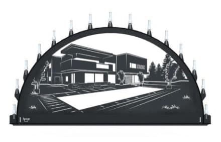 Beleuchteter Schwibbogen mit dem Sondermotiv Haus mit Pool