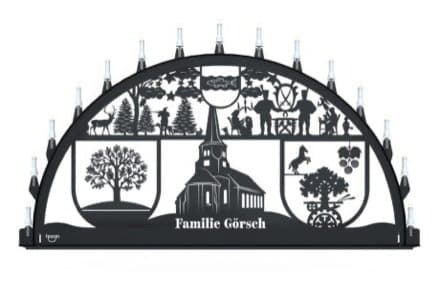 Beleuchteter Schwibbogen mit dem Sondermotiv Kirche und Wappen