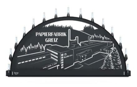 Beleuchteter Schwibbogen mit dem Sondermotiv Papierfabrik