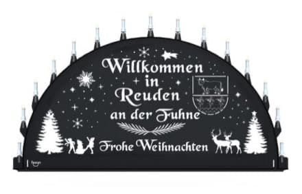 Beleuchteter Schwibbogen mit dem Sondermotiv Reuden an der Fuhne