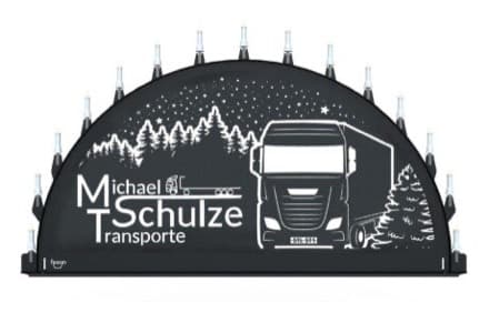 Beleuchteter Schwibbogen mit dem Sondermotiv Schulze Transporte