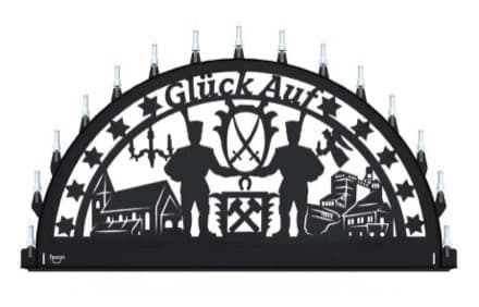 Beleuchteter Schwibbogen mit dem Sondermotiv Glück Auf – Zeche und Kirche