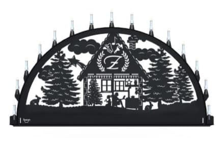 Beleuchteter Schwibbogen mit dem Sondermotiv Waldhaus mit Logo