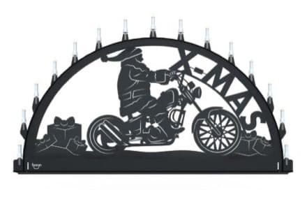 Beleuchteter Schwibbogen mit dem Sondermotiv Weihnachtsmann Motorrad